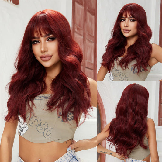 Perruque Synthetique Haute Tolerance Ondulé Bordeaux Avec Frange 60cm