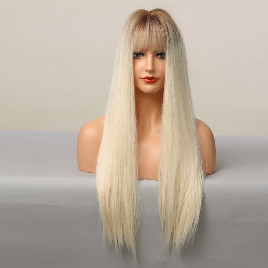 Perruque Haute Tolerance Raide Blonde Avec Frange Synthetique 60cm