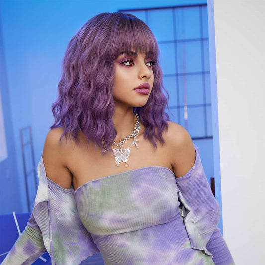Perruque Synthetique Haute Ondulé Violet Avec Frange 30cm