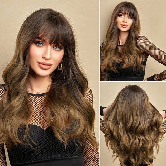 Perruque Haute Tolerance Ondulé Brune Riche Avec Frange Synthetique 60cm