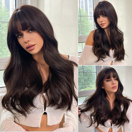 Perruque Haute Tolerance Longue Ondulé Blonde Avec Frange Synthetique 60cm