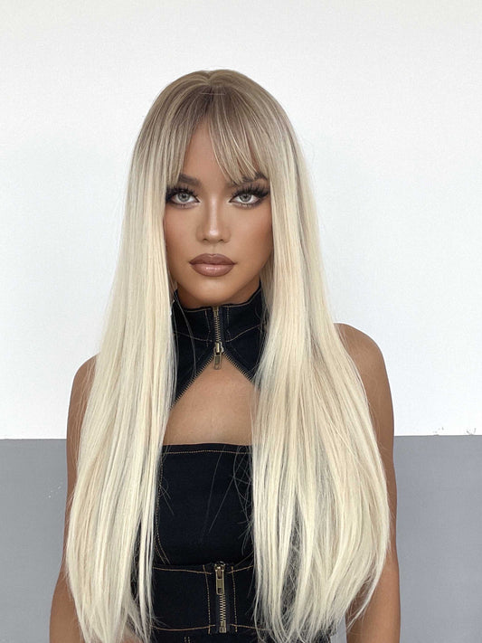 Perruque Haute Tolerance Raide Blonde Avec Frange Synthetique 60cm