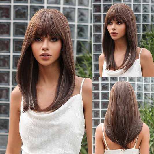 Perruque Synthetique Haute Tolerance Longue Ondulé Brun 50cm