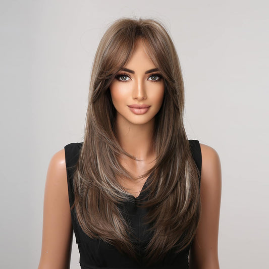 Perruque Synthetique Haute Tolerance Longue Ondulé Brun 60cm