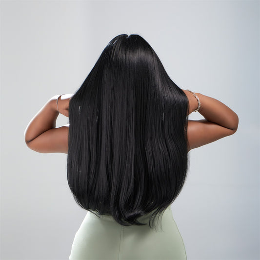 Perruque Haute Résistance Longue Raide Noir Synthetique 60cm