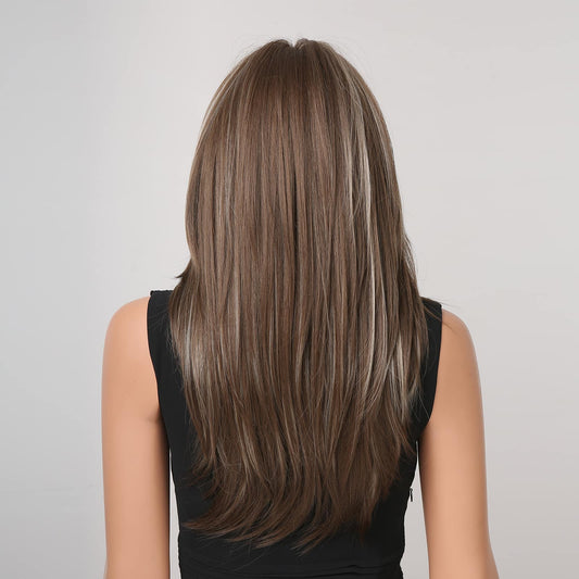 Perruque Synthetique Haute Tolerance Longue Ondulé Brun 60cm