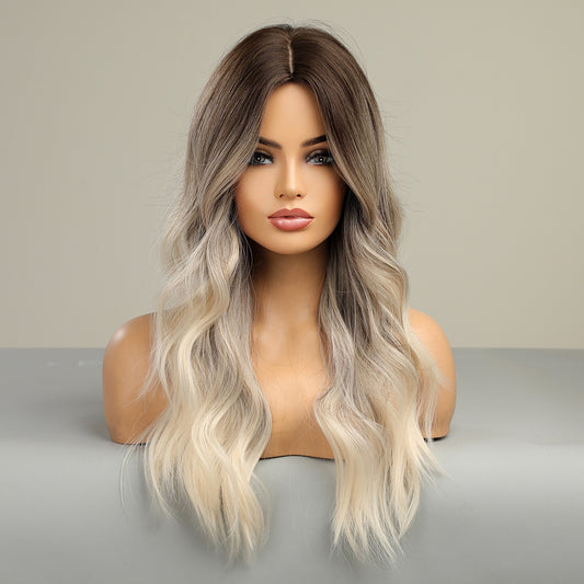 Perruque Haute Tolerance Longue Ondulé Ombré Blonde Synthetique 60cm