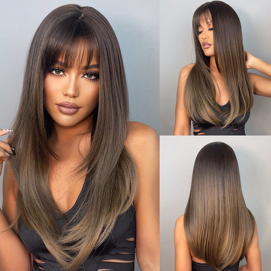 Perruque Haute Résistance Longue Raide Brune À Frange Synthetique 60cm