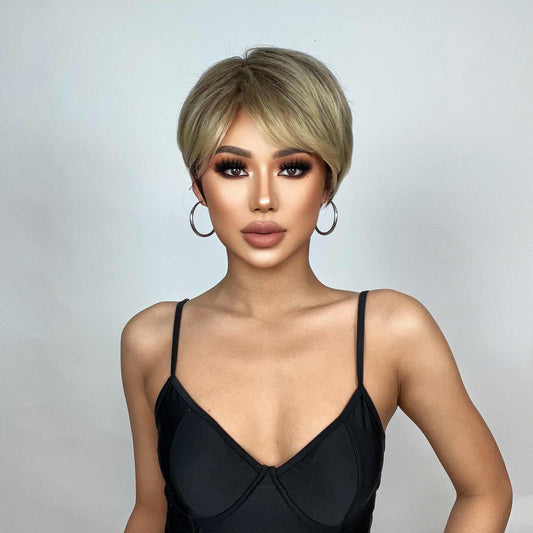 Perruque Synthetique Haute Version Courte Brun Dégradé Blond 20cm