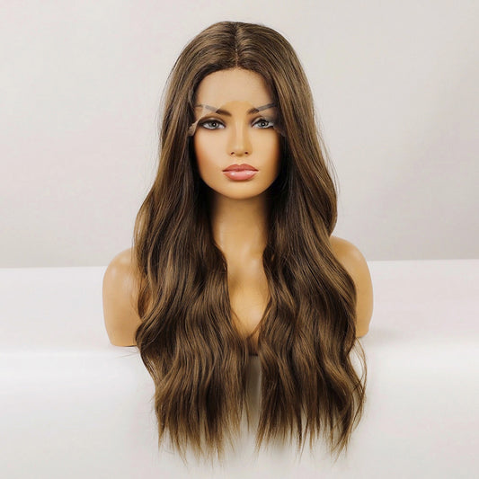 Perruque T part Lace Wig Ondulée Brun Synthetique 65cm