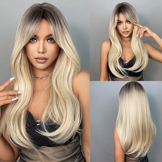 Perruque Haute Tolerance Raide Blonde Avec Frange Synthetique 60cm
