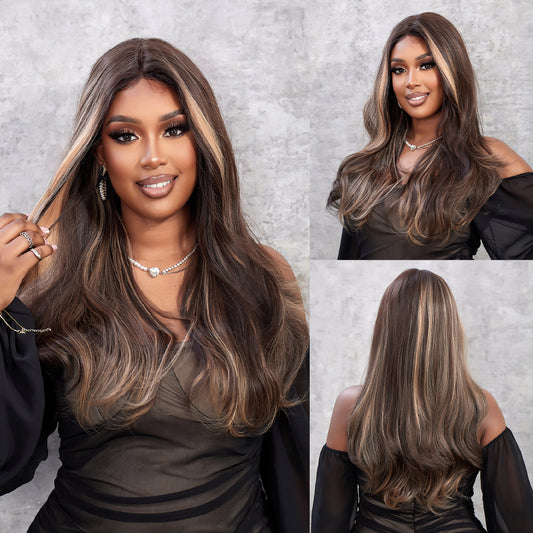 Perruque T part Lace Wig Ondulée Balayage Brune 60cm