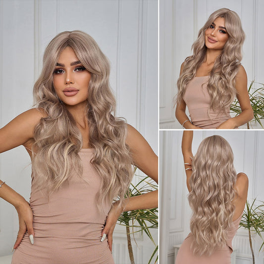 Perruque Synthetique Haute Tolerance Ondulé Blonde Avec Frange70cm
