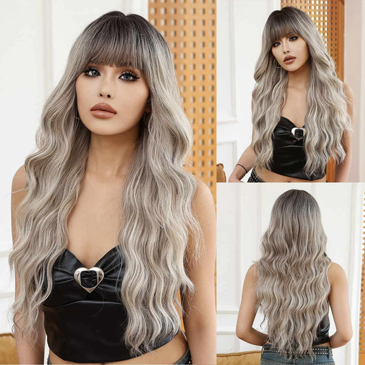 Perruque Synthetique Haute Ondulé Ombré Blonde Avec Frange 65cm