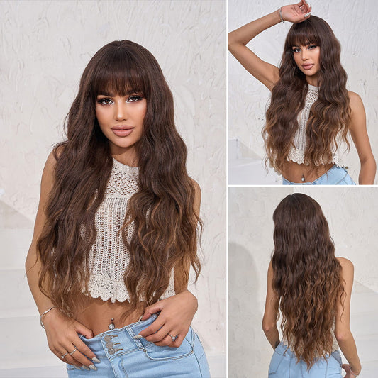 Perruque Synthetique Haute Ondulé Brun Avec Frange 65cm