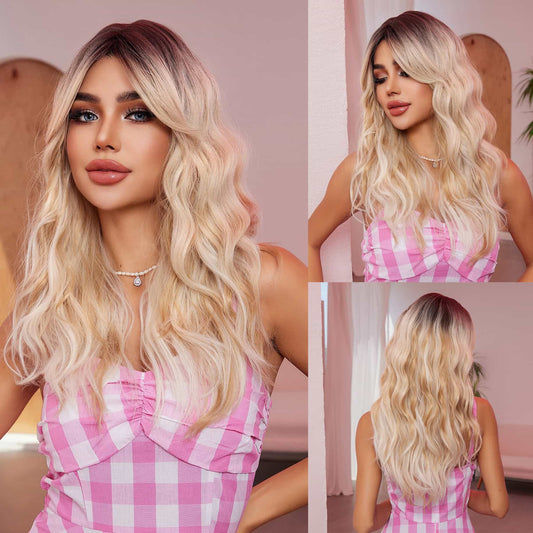 Perruque Synthetique Haute Ondulé Blonde Avec Frange 50cm