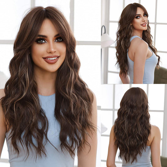 Perruque Synthetique Haute Shaggy Ondulé Brun Balayage 55cm
