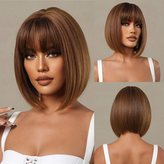 Perruque Haute Résistance Bobo Raide Avec Frange Synthetique 30cm