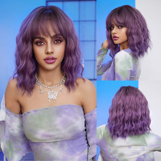 Perruque Synthetique Haute Ondulé Violet Avec Frange 30cm