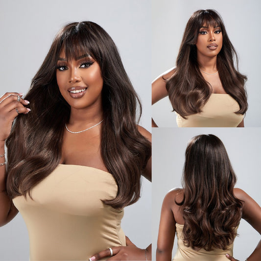 Perruque Haute Résistance Longue Ondulé Brun Synthetique 60cm