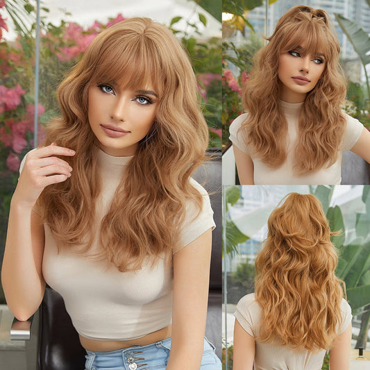 Perruque Synthetique Haute Résistance Ondulé Blonde Avec Frange 55cm