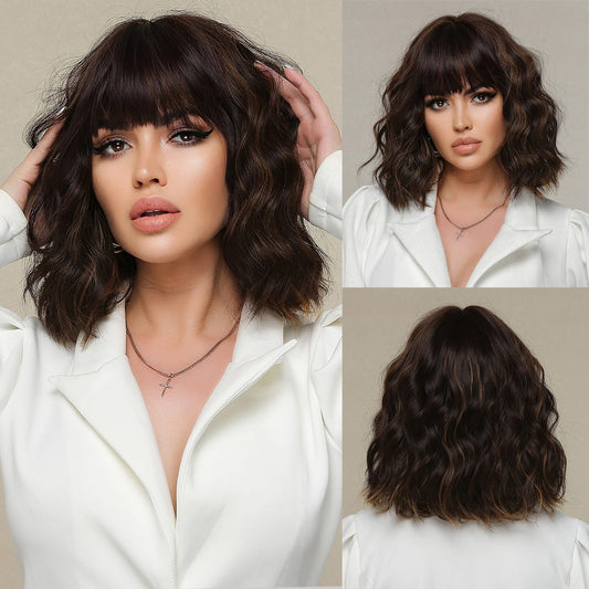 Perruque Synthetique Haute Tolerance Courte Ondulé Brun Avec Frange 35cm