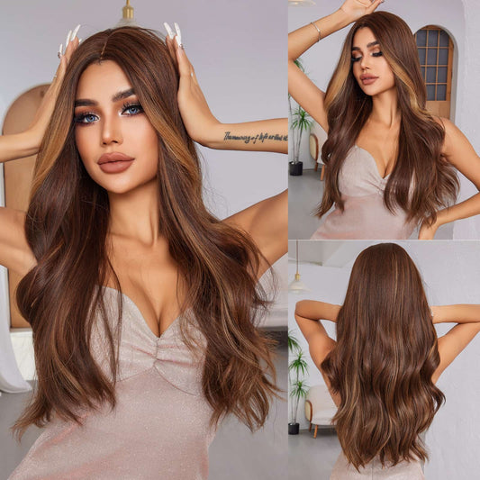 Perruque Synthetique Haute Tolerance Ondulé Balayage Mélange Brun 65cm