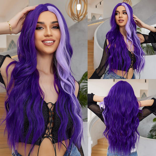 Perruque Synthetique Haute Tolerance Longue Ondulé Violet 60cm