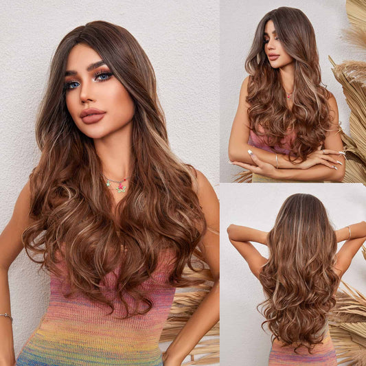 Perruque Synthetique Haute Balayage Ondulé Brun Balayage 50cm