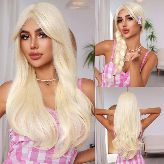 Perruque Synthetique Haute Tolerance Raide Blonde Avec Frange 70cm