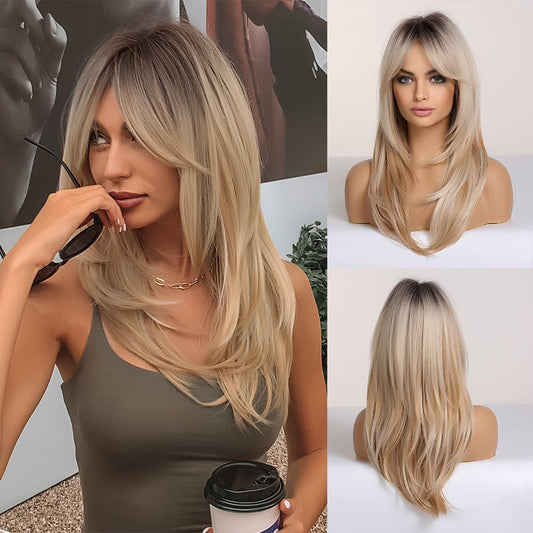Perruque Haute Tolerance Longue Ondulé Ombré Blonde Synthetique 57cm