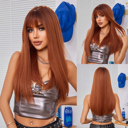 Perruque Synthetique Haute Tolerance Longue Cheveux Raides Ginger Orange 60cm